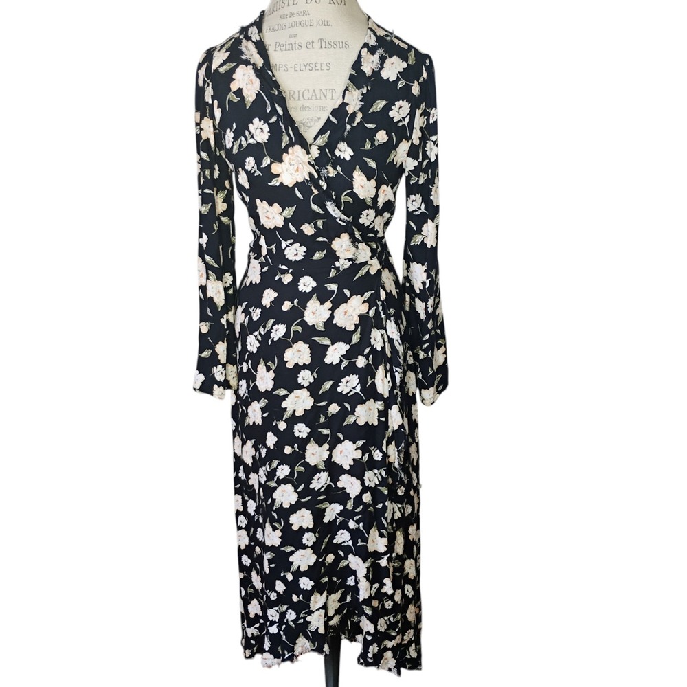 Elan Wrap Dress Black Floral Womens Large Maxi Long Flare Sleeve Party Wedding